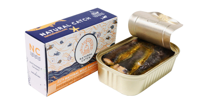 Natural Catch Wild Sardines box beside an opened tin
