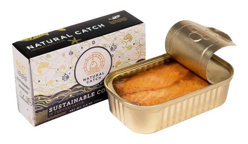 Natural Catch Teriyaki Coho Salmon carton and opened tin
