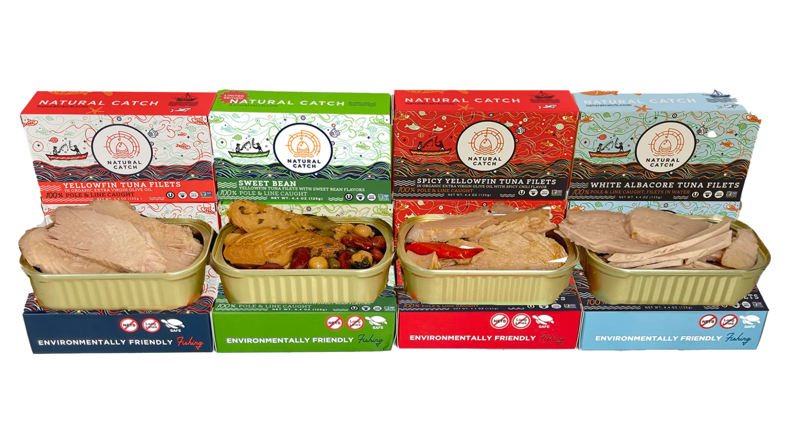 Natural Catch Yellowfin, Sweet Bean, Spicy Chili, and White Albacore boxes with open tins