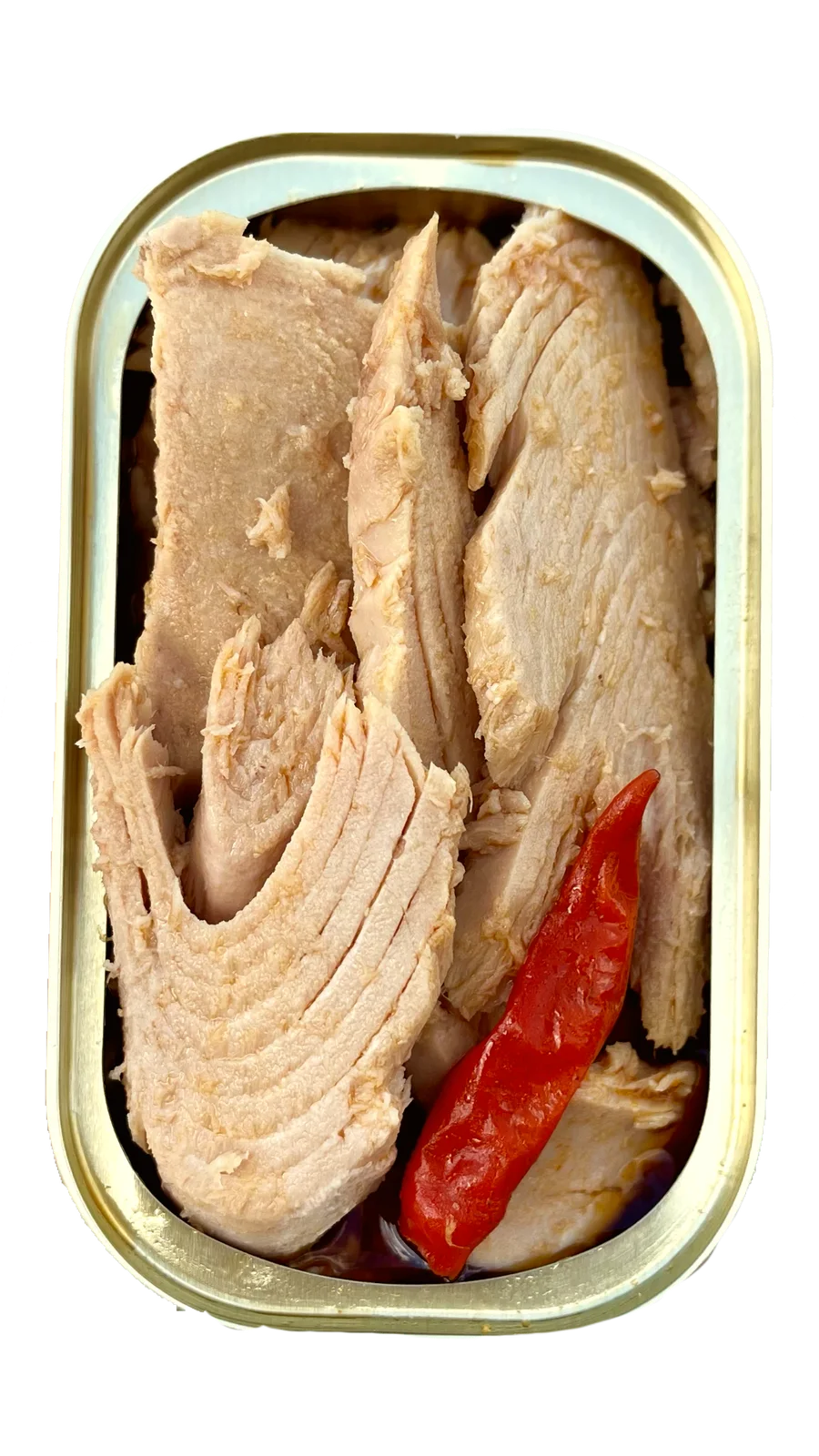 Bird's-eye view of an open tin of Natural Catch Spicy Chili