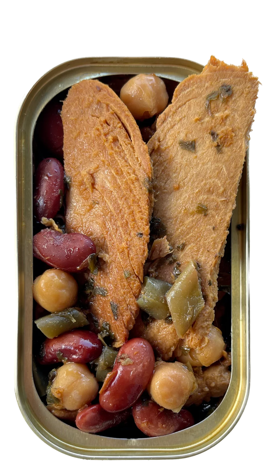 Bird's-eye view of an open tin of Natural Catch Sweet Bean